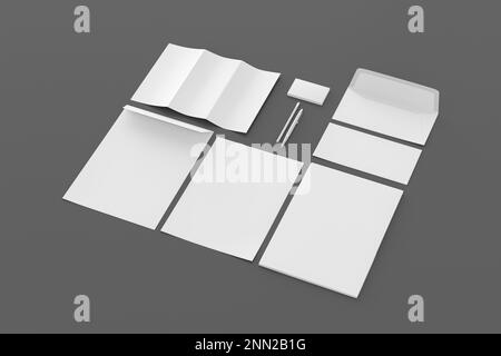 Blank corporate stationery set mockup on gray background. Branding mock up. Side view Stock Photo