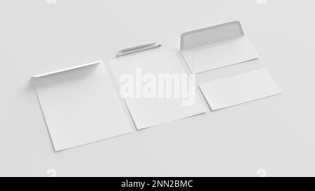 Blank corporate stationery set mockup with envelopes, paper sheet, pen and pencil on white background. Branding mock up. Side view Stock Photo