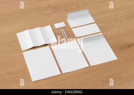 Blank corporate stationery set mockup on wooden background. Branding mock up. Side view Stock Photo