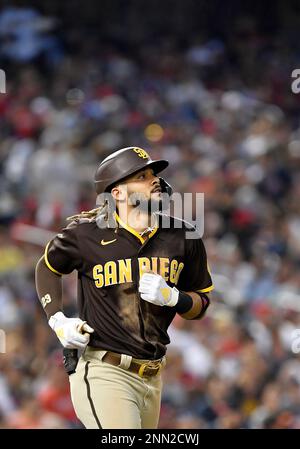 A headshot of San Diego Padres' Juan Soto during the first inning of a  baseball game against the Los Angeles Dodgers Saturday, Aug. 6, 2022, in  Los Angeles. (AP Photo/Mark J. Terrill