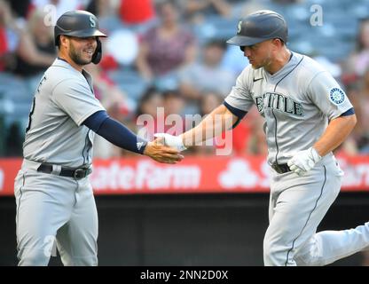 ANAHEIM, CA - JULY 16: Kyle Seager (15) is congratulated after he