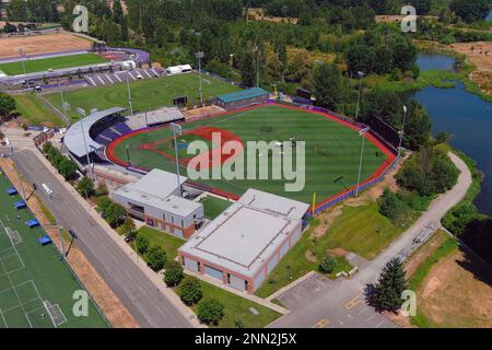 An aerial view of the Husky Softball Stadium on the campus of the