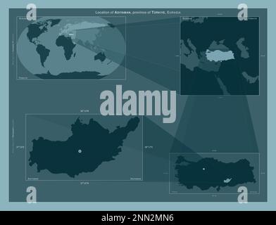 Adiyaman, province of Turkiye. Diagram showing the location of the region on larger-scale maps. Composition of vector frames and PNG shapes on a solid Stock Photo
