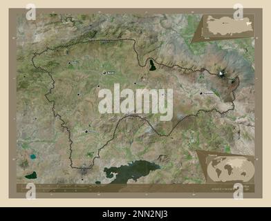 Agr, province of Turkiye. High resolution satellite map. Locations and names of major cities of the region. Corner auxiliary location maps Stock Photo