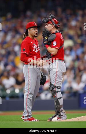 MILWAUKEE, WI - JULY 11: Cincinnati Reds starting pitcher Luis Castillo  (58) and catcher Tyler Stephenson (37) talk during the MLB game against the  Milwaukee Brewers on July 11, 2021 at American Family Field in Milwaukee,  WI. (Photo by Joe Robbins