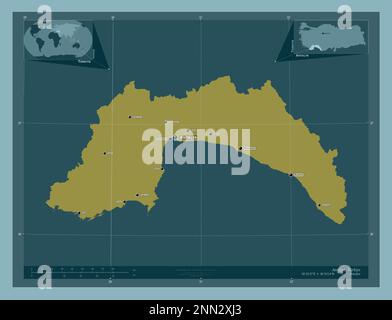Antalya, province of Turkiye. Solid color shape. Locations and names of major cities of the region. Corner auxiliary location maps Stock Photo