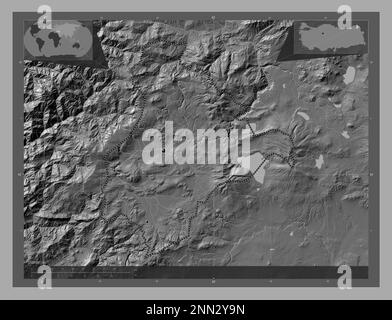 Ardahan, province of Turkiye. Bilevel elevation map with lakes and rivers. Locations of major cities of the region. Corner auxiliary location maps Stock Photo