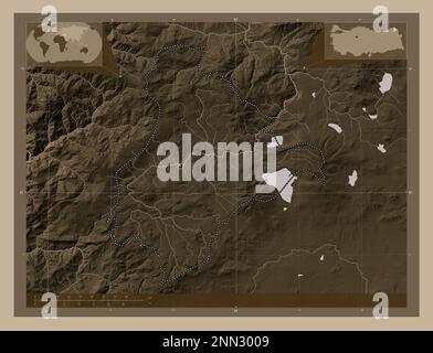 Ardahan, province of Turkiye. Elevation map colored in sepia tones with lakes and rivers. Corner auxiliary location maps Stock Photo