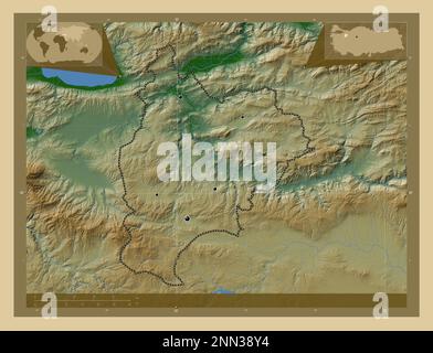 Bilecik, province of Turkiye. Colored elevation map with lakes and rivers. Locations of major cities of the region. Corner auxiliary location maps Stock Photo