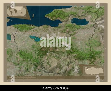 Bursa, province of Turkiye. High resolution satellite map. Corner auxiliary location maps Stock Photo