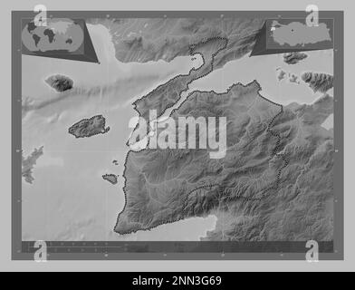 Canakkale, province of Turkiye. Grayscale elevation map with lakes and rivers. Corner auxiliary location maps Stock Photo