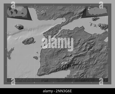 Canakkale, province of Turkiye. Bilevel elevation map with lakes and rivers. Corner auxiliary location maps Stock Photo