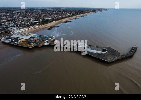 Aerial photo of Clacton Pier in Clacton-on-Sea. The town of Clacton-on-Sea is visible in the background. Stock Photo