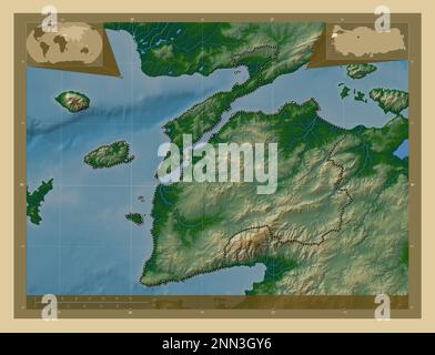 Canakkale, province of Turkiye. Colored elevation map with lakes and rivers. Corner auxiliary location maps Stock Photo