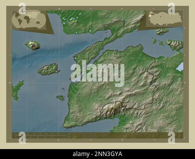 Canakkale, province of Turkiye. Elevation map colored in wiki style with lakes and rivers. Corner auxiliary location maps Stock Photo