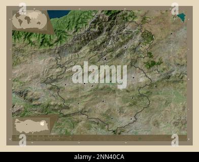 Erzurum, province of Turkiye. High resolution satellite map. Locations of major cities of the region. Corner auxiliary location maps Stock Photo