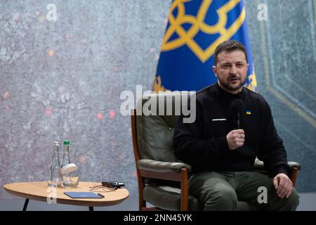 Kyiv, Ukraine. 24th Feb, 2023. Ukrainian President Volodymyr Zelenskiy attends a news conference on the first anniversary of the Russian invasion of Ukraine in Kyiv. (Photo by James McGill/SOPA Images/Sipa USA) Credit: Sipa USA/Alamy Live News Stock Photo