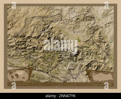 Hakkari, province of Turkiye. Low resolution satellite map. Locations and names of major cities of the region. Corner auxiliary location maps Stock Photo