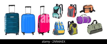 Set of different travel bags, luggage, suitcases. Stock Vector