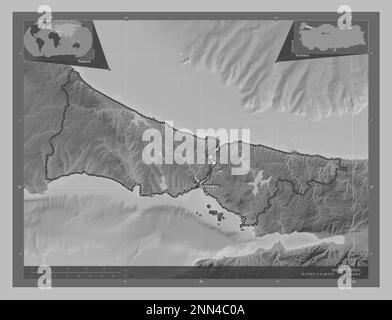 Istanbul, province of Turkiye. Grayscale elevation map with lakes and rivers. Locations and names of major cities of the region. Corner auxiliary loca Stock Photo