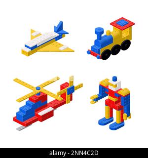 Objects built from plastic blocks, a helicopter, an airplane, a locomotive and a robot. Vector clipart Stock Vector