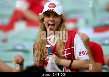A Denmark team fan waits for the start of the Euro 2020 soccer championship quarterfinal match between Czech Republic and Denmark, at the Olympic stadium in Baku, Saturday, July 3, 2021. (Ozan Kose, Pool via AP)
