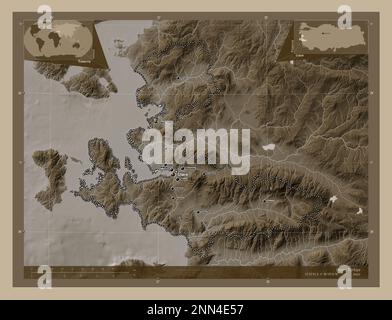 Izmir, province of Turkiye. Elevation map colored in sepia tones with lakes and rivers. Locations and names of major cities of the region. Corner auxi Stock Photo