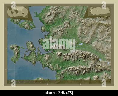 Izmir, province of Turkiye. Elevation map colored in wiki style with lakes and rivers. Locations of major cities of the region. Corner auxiliary locat Stock Photo