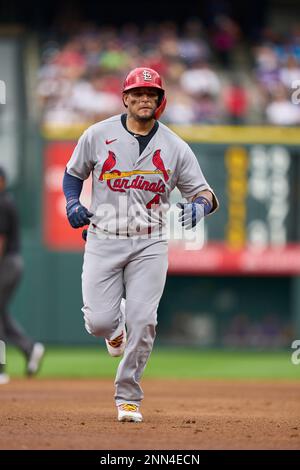 July 2. 2021: Saint Louis third basemen Nolan Arenado (28) swings the bat  during the MLB game between the Saint Louis Cardinals and the Colorado  Rockies held at Coors Field in Denver