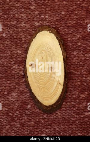 Big tree trunk slice cut from the woods. Textured surface with rings and cracks on red knitted texture Stock Photo