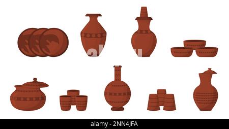 Set of clay pots, jar, jug, glass, amphora vector illustration of ancient clay traditional vase isolated on white background. Stock Vector