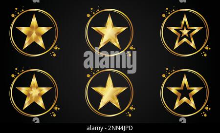 Set of golden stars with gold circle ring vector illustration isolated on white background. Stock Vector