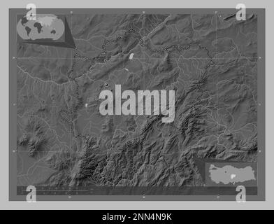 Kayseri, province of Turkiye. Grayscale elevation map with lakes and rivers. Corner auxiliary location maps Stock Photo