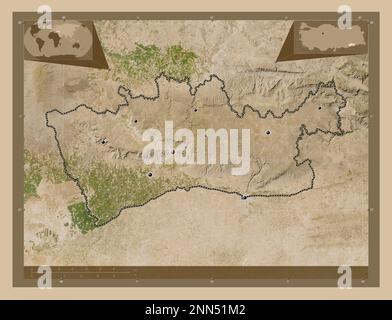 Mardin, province of Turkiye. Low resolution satellite map. Locations of major cities of the region. Corner auxiliary location maps Stock Photo