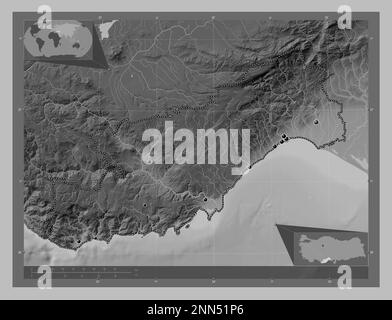 Mersin, province of Turkiye. Grayscale elevation map with lakes and rivers. Locations of major cities of the region. Corner auxiliary location maps Stock Photo