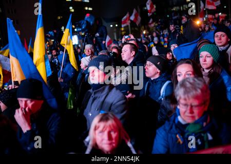 Gdansk, Poland. 24th Feb, 2023. People seen gathering at the Solidarity Square during a rally regarding the anniversary of Russian's invasion on Ukraine. People gathered at the Solidarity Square to take part in an 'European' rally in support of Ukraine and to express hope for peace and an end to the war. (Photo by Mateusz Slodkowski/SOPA Images/Sipa USA) Credit: Sipa USA/Alamy Live News Stock Photo