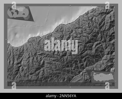 Rize, province of Turkiye. Grayscale elevation map with lakes and rivers. Locations and names of major cities of the region. Corner auxiliary location Stock Photo