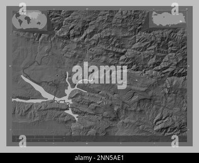 Siirt, province of Turkiye. Grayscale elevation map with lakes and rivers. Locations of major cities of the region. Corner auxiliary location maps Stock Photo