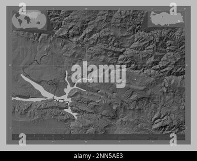 Siirt, province of Turkiye. Grayscale elevation map with lakes and rivers. Corner auxiliary location maps Stock Photo