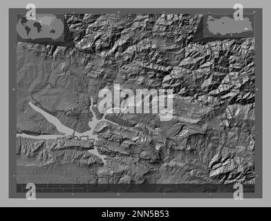 Siirt, province of Turkiye. Bilevel elevation map with lakes and rivers. Locations of major cities of the region. Corner auxiliary location maps Stock Photo