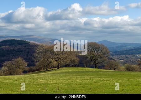 View from lane up to Bwlch y Waun showing a stunning view over to the Black Mountains and the Sugarloaf in Monmouthshire Stock Photo