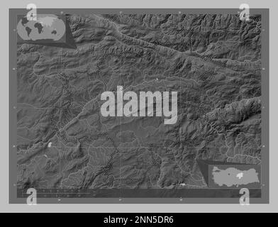 Sivas, province of Turkiye. Grayscale elevation map with lakes and rivers. Corner auxiliary location maps Stock Photo