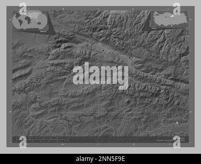 Tokat, province of Turkiye. Grayscale elevation map with lakes and rivers. Locations and names of major cities of the region. Corner auxiliary locatio Stock Photo
