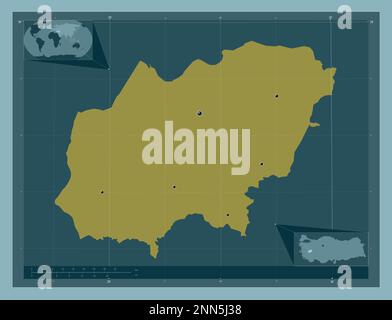 Usak, province of Turkiye. Solid color shape. Locations of major cities of the region. Corner auxiliary location maps Stock Photo