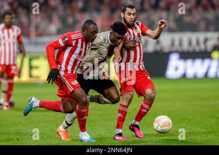 23-02-2023: Sport: Union Berlin v Ajax  BERLIN, GERMANY - FEBRUARY 23: Jerome Roussillon (Union Berlin) and Mohammed Kudus (Ajax) during the match 1. Stock Photo