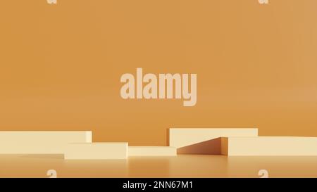 3d orange product display stand displays cosmetics on the pastel orange studio podium. Stock Photo
