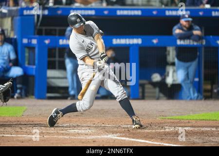 BUFFALO, NY - JUNE 17: New York Yankees Catcher Gary Sanchez (24) hits a  single during the seventh inning of a Major League Baseball game between the  New York Yankees and the