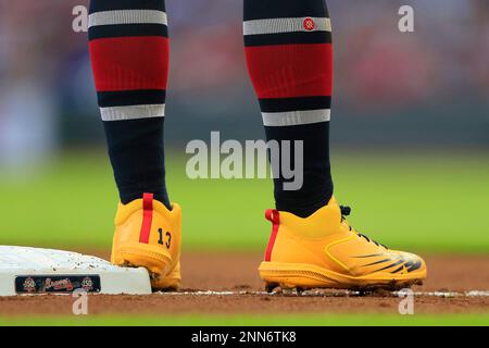 The Nike cleats of Ronald Acuna Jr. #13 of the Atlanta Braves are