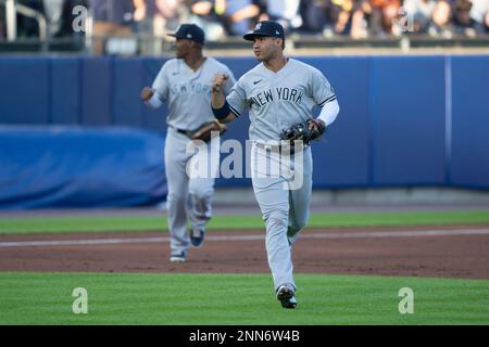 BUFFALO, NY - JUNE 17: New York Yankees Catcher Gary Sanchez (24) hits a  single during the seventh inning of a Major League Baseball game between the  New York Yankees and the