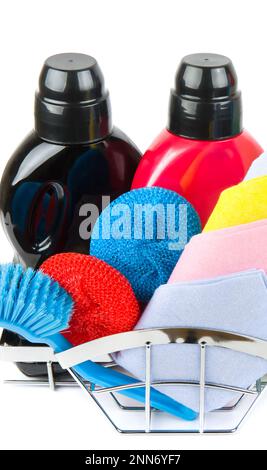 Set of household chemicals items , brushes and cloth for cleaning isolated on white background. Vertical photo. Stock Photo